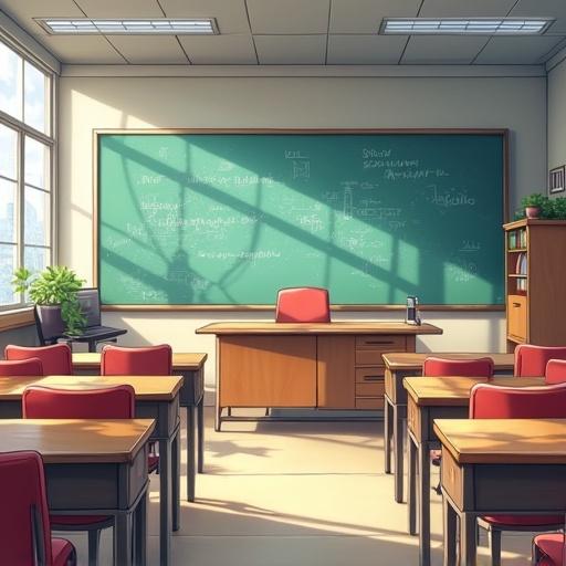 Classroom depicted in anime style. Features a green chalkboard, wooden desks arranged in rows, and a teacher's desk at the front. Natural light comes through a large window. Decorating plants on the desk.