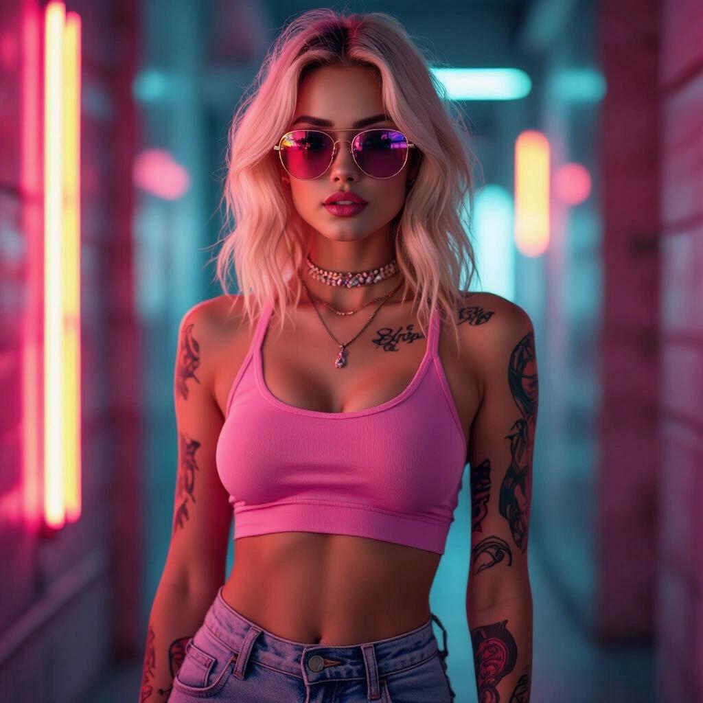 Portrait of a blonde woman in a power stance. She wears a pink crop top and sunglasses. Tattoos are visible on her arms. The setting has soft colorful lighting with pink and blue tones. Glamorous styling creates a dreamy atmosphere.