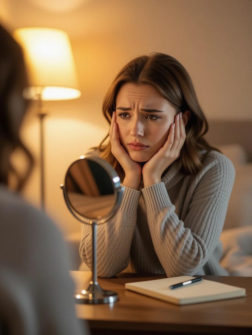 Close-up of a woman looking at her reflection in a mirror. Conflicted and sorrowful expression. Warm, dim lighting from a bedside lamp. Closed notebook on the table in background. Silent, introspective mood.
