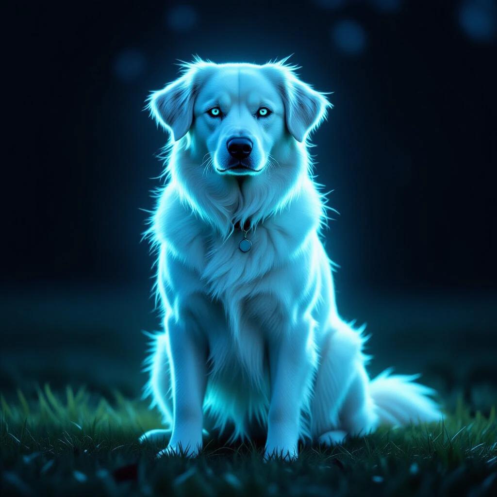 Ghost dog with glowing blue effects. Sit in front of dark background. Features glowing fur and a mystical atmosphere.
