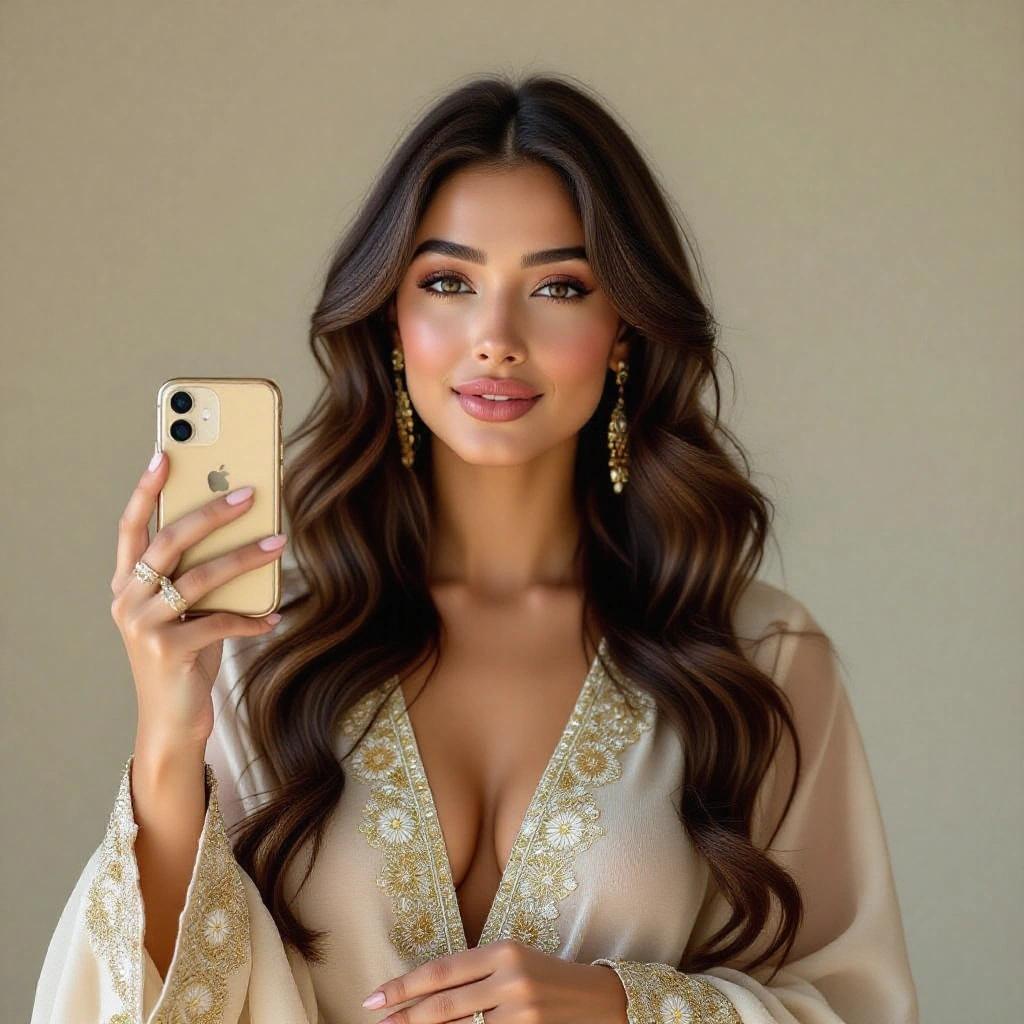 Image features a woman with long, wavy dark brown hair. She looks forward at her smartphone and smiles gently. Her left hand holds a gold smartphone. A ring is visible on her left hand. She wears a beige garment with a deep V-neckline adorned with embroidery and beadwork. Several layered necklaces are present. The background is white and the lighting is bright. The composition shows her upper body from the waist up.