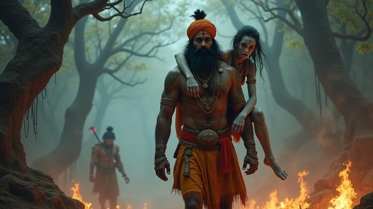 Highly detailed depiction of King Vikramaditya carrying ghostly Vetala in an eerie setting. King is a regal Indian warrior with orange turban and tribal tattoos. Background features twisted peepal tree and smoke rising from burning pyres. Haunting atmosphere with swirling mist.