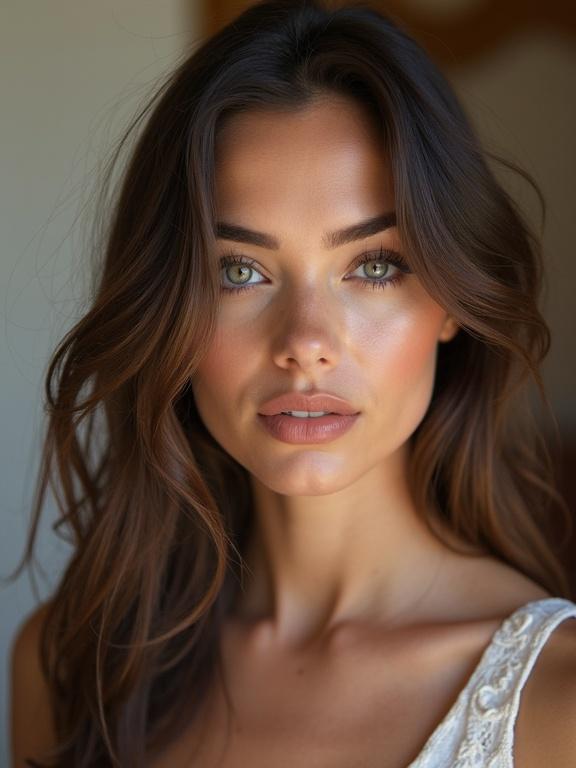 Close-up portrait of a beautiful woman with long hair and striking features. Natural makeup and soft lighting enhance her attractiveness. Highlighted facial structure and captivating eyes create a stunning visual appeal.