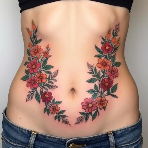Floral tattoo with symmetrical lines starting at hips flowing to lower abdomen. Composed of various distinct flowers in red, orange, and blue. Minimal foliage with light green tones. Dense composition with no empty spaces. Ornamental, illustrative style with strong visual impact.