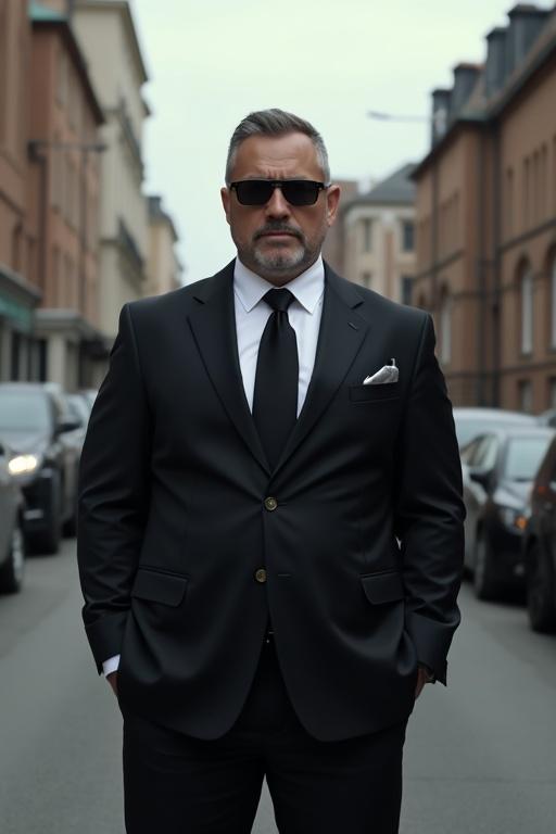 A man stands confidently in an urban setting dressed in a sleek mafia-style suit. He embodies authority and style. Long body stature with an imposing presence. Background features urban buildings and parked cars. Natural lighting suggests an overcast day.