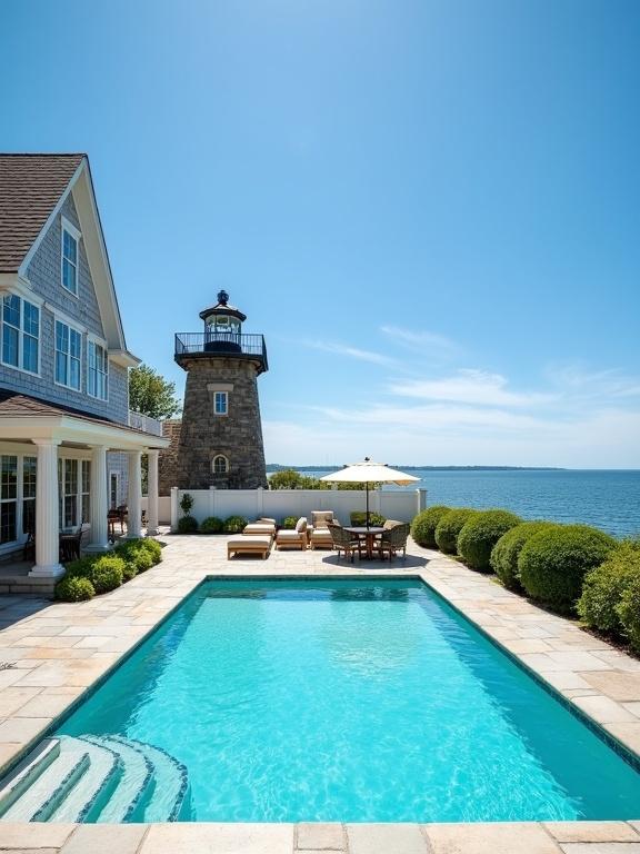 A landscape-oriented photograph captures a swimming pool with light blue water surrounded by stone pavers. The pool features steps on one side. Next to the pool, a dining table and chairs sit under an umbrella. A white fence divides the property from calm water. A large house with gray siding is on the left, featuring a porch. A tall stone lighthouse is near the house, greenery surrounds the area, all under sunny skies.