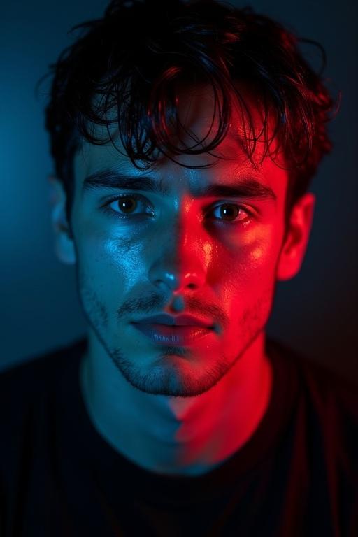 Hyper-realistic portrait of a male individual showing fair skin and dark hair. Serious expression looking into the camera. Face wet with water droplets. Dark lighting with dramatic red and blue illumination. Wearing a black t-shirt. Shallow depth of field with focus on the face. Ultra-realistic textures.