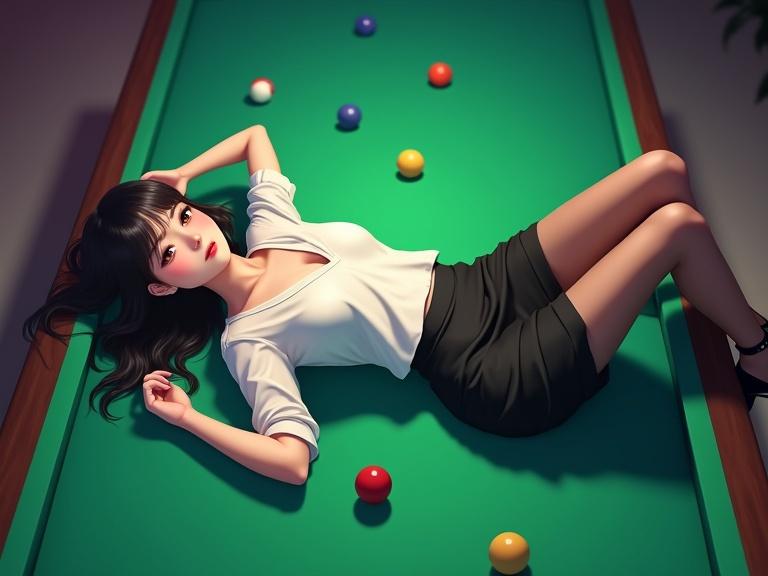 A mid-20s East Asian woman lies gracefully on a green pool table. She has a flawless complexion and wears a white blouse tucked into a black pencil skirt. Her long legs are in black pantyhose and heels. Her hair is styled gracefully around her beautiful face. She looks upward with calm confidence. Colorful billiard balls are placed around her. The background suggests a modern bar or arcade setting.