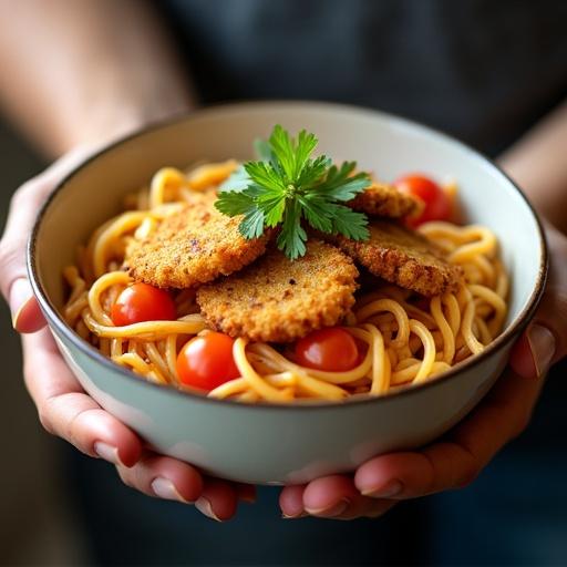A bowl filled with delicious noodles topped with tomatoes and fried patties. Fresh coriander is placed on top. The dish showcases vibrant colors in natural light.
