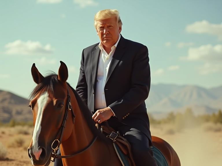 Man riding a horse in a natural setting. Desert landscape with mountains in the background. The rider is dressed in a formal black suit. Soft daylight illuminates the scene.