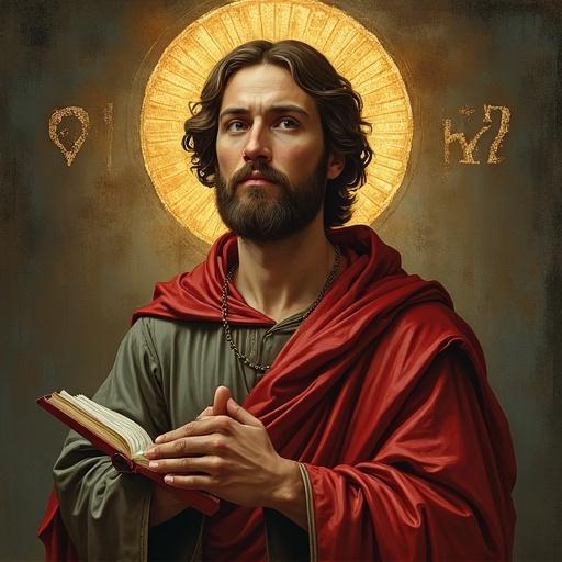 Portrait of a saint with a book in hands. Golden halo radiates around the figure. Red and green garments flow elegantly.