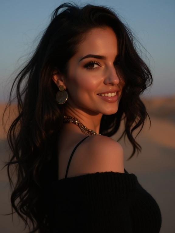 Candid close up capture of a beautiful Greek Israeli woman in a desert. She has silky wavy thick black hair draped over one eye. Woman wears a beautiful worn black shawl and black off the shoulder sweater. Her eyes are bright golden amber with heavy dark eyeshadow. She has pillowy lips that smile softly and wears a feminine brass earring and leather necklace. Background shows a desert landscape at night.