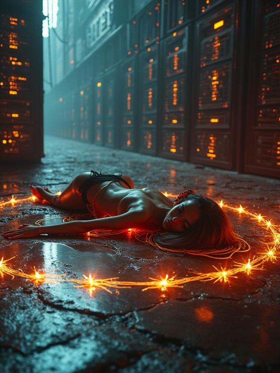 A tribal girl lying on a glowing altar surrounded by servers. Her arms are stretched and connected by fiber optic tendrils. She shows a mix of fear and ecstasy. The lighting creates a techno-ritual atmosphere, suitable for a sci-fi horror theme.