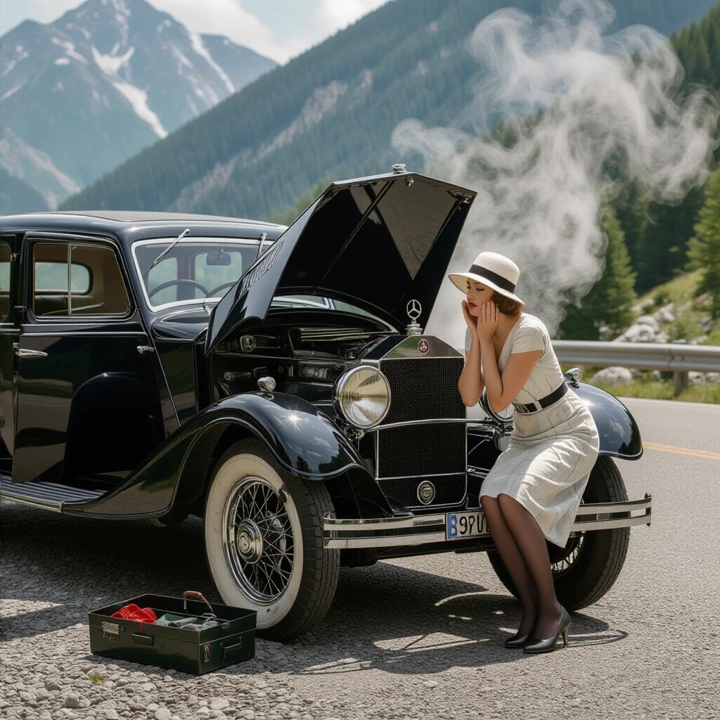 1928 Mercedes-Benz 18/100 PS Sportwagen stalled on mountain road. Driver door wide open at a 90° angle. Hood fully open with engine cloaked in dense steam. Art Deco woman leaning over fender with hands on cheeks. Steam geyser from radiator. Steam jets from hoses. Toolbox on gravel. Mud on stockings. Photorealistic.
