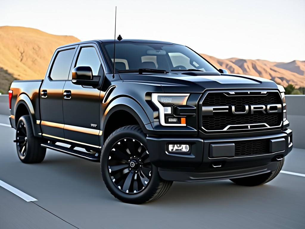 The image shows a sleek, black pickup truck with a modern and aggressive design. The vehicle has a large grille with the brand's name prominently displayed in the front. It features large, stylish rims and low-profile tires, giving it a sporty appearance. The truck's exterior is glossy, reflecting the surrounding environment. The overall design suggests a powerful and high-performance vehicle.