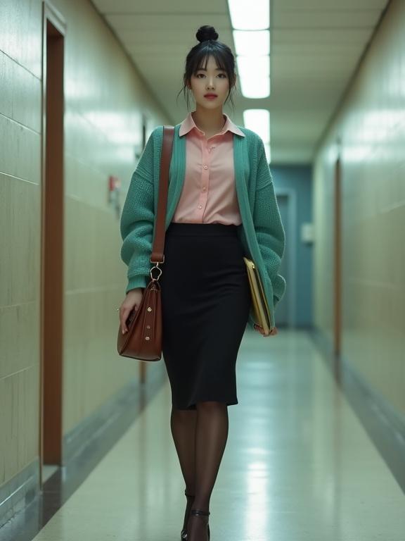 Full body image of a young East Asian female agent wearing a blush-pink blouse and black knee-length skirt. Teal cardigan worn with dark-brown pantyhose and black ankle-strap closed-toe pumps. Agent walks in a corridor carrying files slinging a brown satchel. Black hair is bunned. Light makeup and cute smile with red lips. The scene shows an agency building with soft lighting.