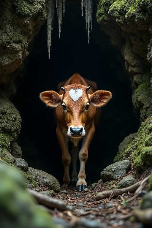 A light-brown Indian cow with a white forehead cautiously steps into a dark rocky cave. The cow shows curiosity and hesitation as she moves forward. The jagged entrance is surrounded by moss-covered stones. Damp cave walls glisten with water droplets. Stalactites hang from the ceiling creating a foreboding presence.