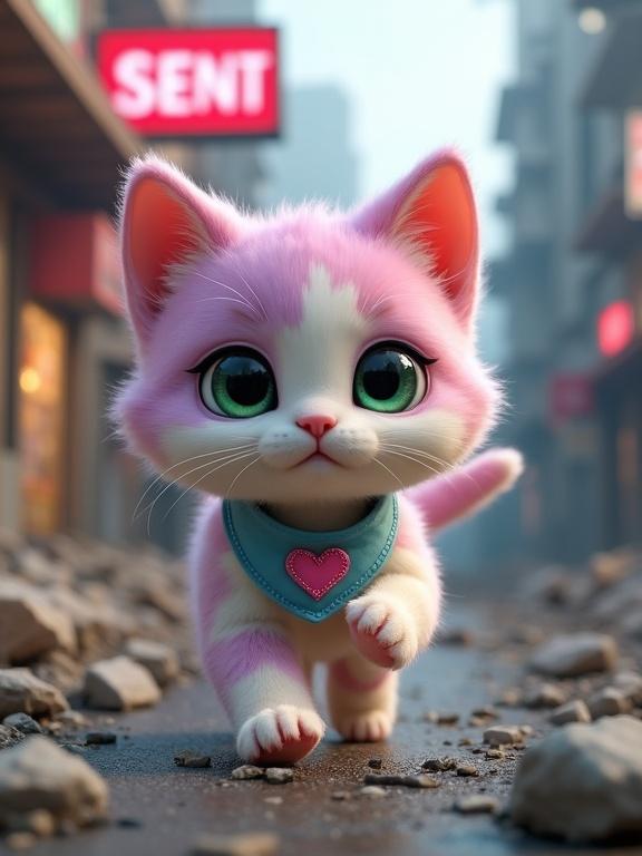 Fluffy kitten with pastel pink and lavender fur runs through a ruined street. The kitten has large green eyes and wears a light blue bandana with a pink heart. The background features a flickering neon supermarket and rubble. The kitten expresses hope and determination while navigating chaos.