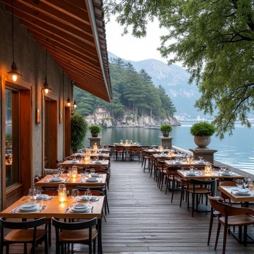 Valdomare fish restaurant featuring an outdoor terrace with wooden tables set for diners by the waterfront. Scenic mountains and trees in the background. Cozy and inviting ambiance with warm lighting.