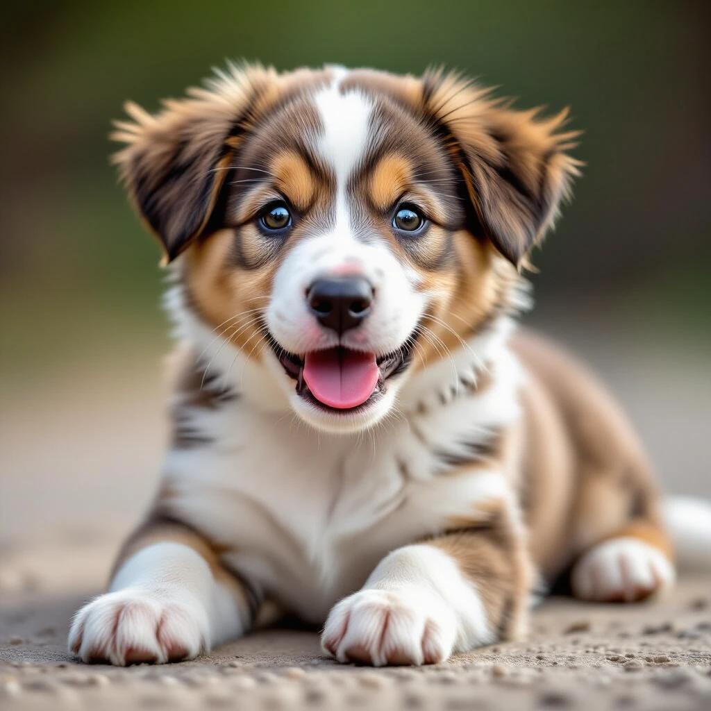 A detailed portrait of a puppy. The puppy has brown and white fur with bright blue eyes. It lies down with a playful expression and an open mouth. The background is softly blurred to emphasize the puppy's features.