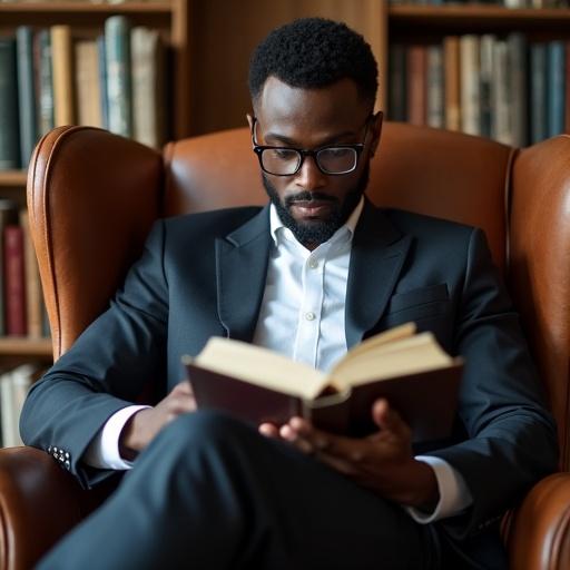 Handsome black male model with glasses in a suit reads a book while seated in a leather chair inside a room full of books.