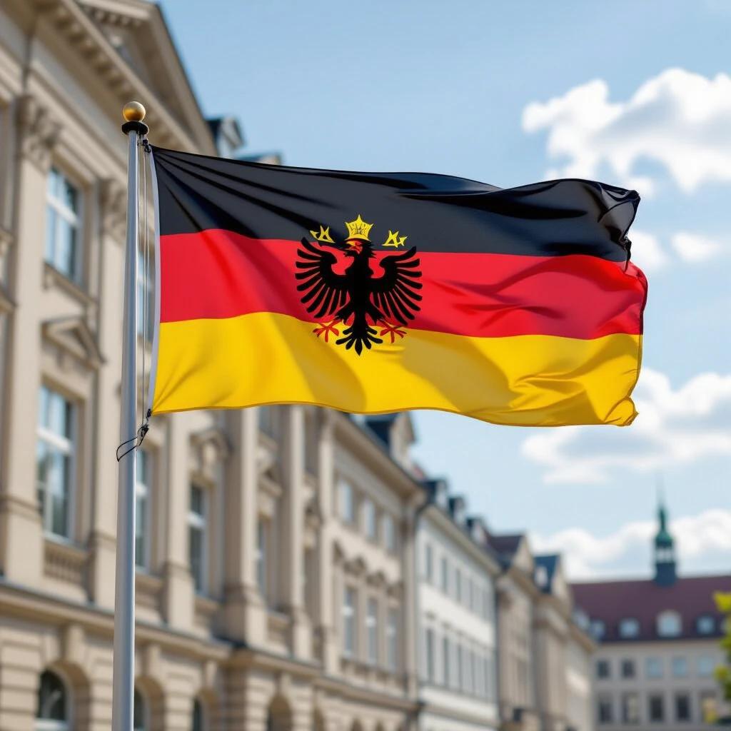 Flag of Germany waving in the wind in a city background. Bright and sunny weather. Architectural buildings in soft focus.