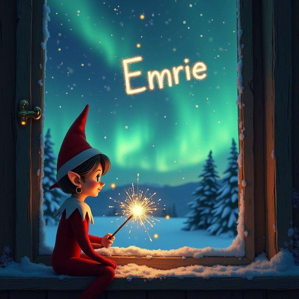 Elf sitting by a window looking at the northern lights. Elf writing 'Emrie' in the sky with a sparkler. Cozy winter scene with snow outside.