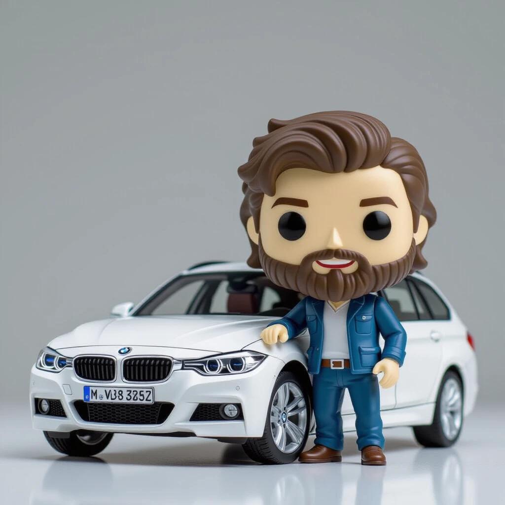 BMW 320d Touring F31 in white color with a Funko-style character. Character has a beard and shoulder-length hair. Funko-style figure standing next to the car.