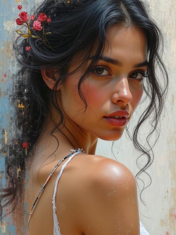 Impressionist style painting featuring a woman with textured brushstrokes. Close-up of her profile with floral elements in hair. Soft lighting enhances beauty.