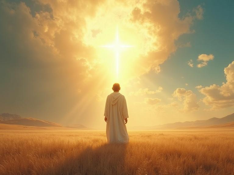 Enoch stands in a vast landscape. A radiant figure symbolizes the Creator in the sky. The image uses golden and blue tones. The aspect ratio is 9:16.