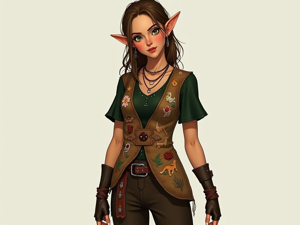 This image depicts an elf woman with light tanned skin and light brown hair, adorned with green eyes. She wears various necklaces made of beads and has earrings in both ears. Her outfit consists of a dark green shirt with small ties at the collar and short sleeves. Over this, she has a well-worn leather vest that features intricate embroidery of animals, flowers, and leaves. Her pants are dark brown and loose-fitting, tucked into slim high boots that are secured with laces. Fingerless leather gloves complete her look, giving her an adventurous and nature-oriented appearance.