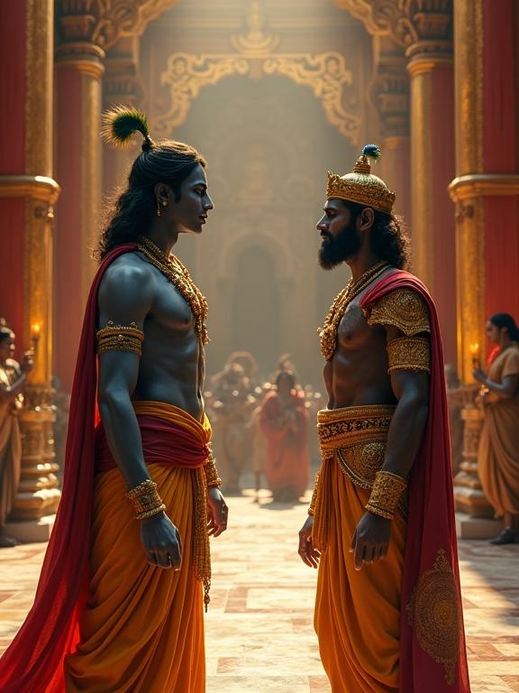 A scene inside a grand royal palace with golden pillars and marble floors. Tall figures stand facing each other in an emotionally charged moment. One wears golden armor and a red sash. The other is in a golden yellow dhoti and a deep blue garment. A dramatic illumination fills the space with warmth. Courtiers watch in silence, creating a sense of destiny and revelation.