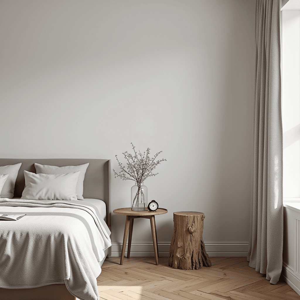 A minimalist bedroom with a gray bed, wooden side table, and natural wood stool.