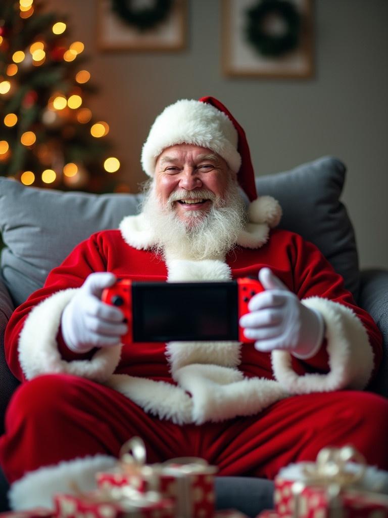 Santa Claus seated on grey sofa. Holds red Nintendo Switch controller. Playing video games. Surrounded by scattered presents. Smiling cheerfully.