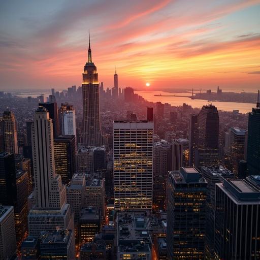 Sunset view from Top of the Rock in New York City. The image showcases the skyline with the Empire State Building prominently visible. The sky displays vibrant colors during dusk.
