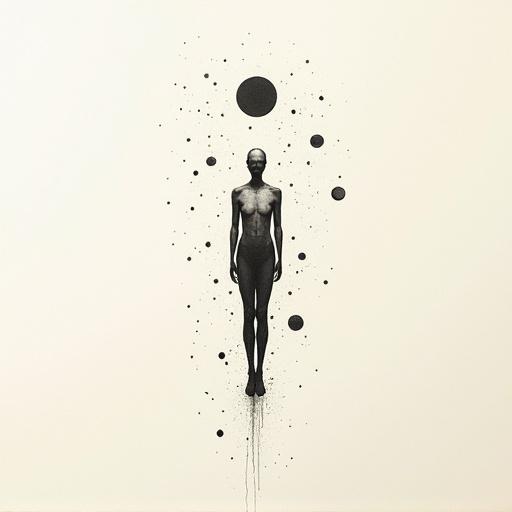 Neutral human form with no facial features levitating in space. Minimal detail with stars and planets around. Monochrome minimalist sketch on textured paper. Delicate ink lines create a serene mood. Inspired by Asian brushwork.