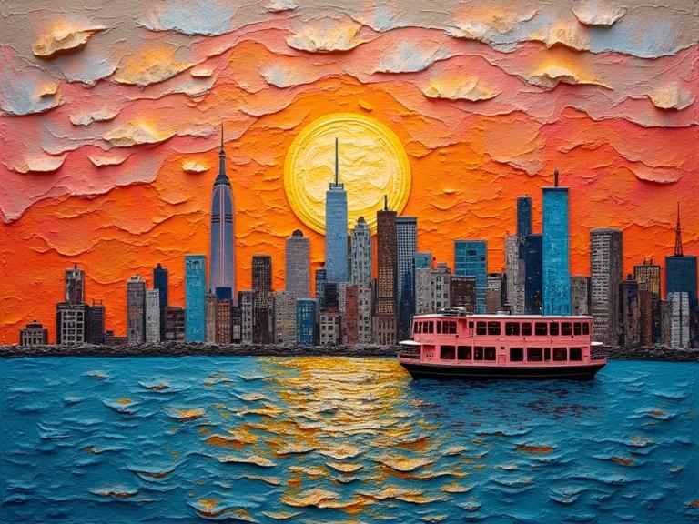 New York City skyline with a Staten Island Ferry at sunset. Layered fabric collage. Textured skyline with smooth colorful textiles. Warm honey and rose sky, cool blue water. Mixed media elements include newspaper, jute, wood, glitter.