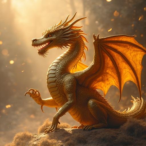 A majestic golden dragon with outstretched wings. Setting in a mystical landscape with a soft glow. The dragon has detailed scales and a fierce expression. Background with a magical atmosphere.