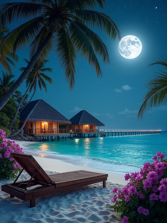 Breathtaking beach scene with moonlit sky. Cozy thatched-roof bungalows among palm trees. Turquoise sea and sandy shore under the moonlight. Wooden lounge chair with blooming pink flowers. Starlit sky with a glowing pier stretching into water.