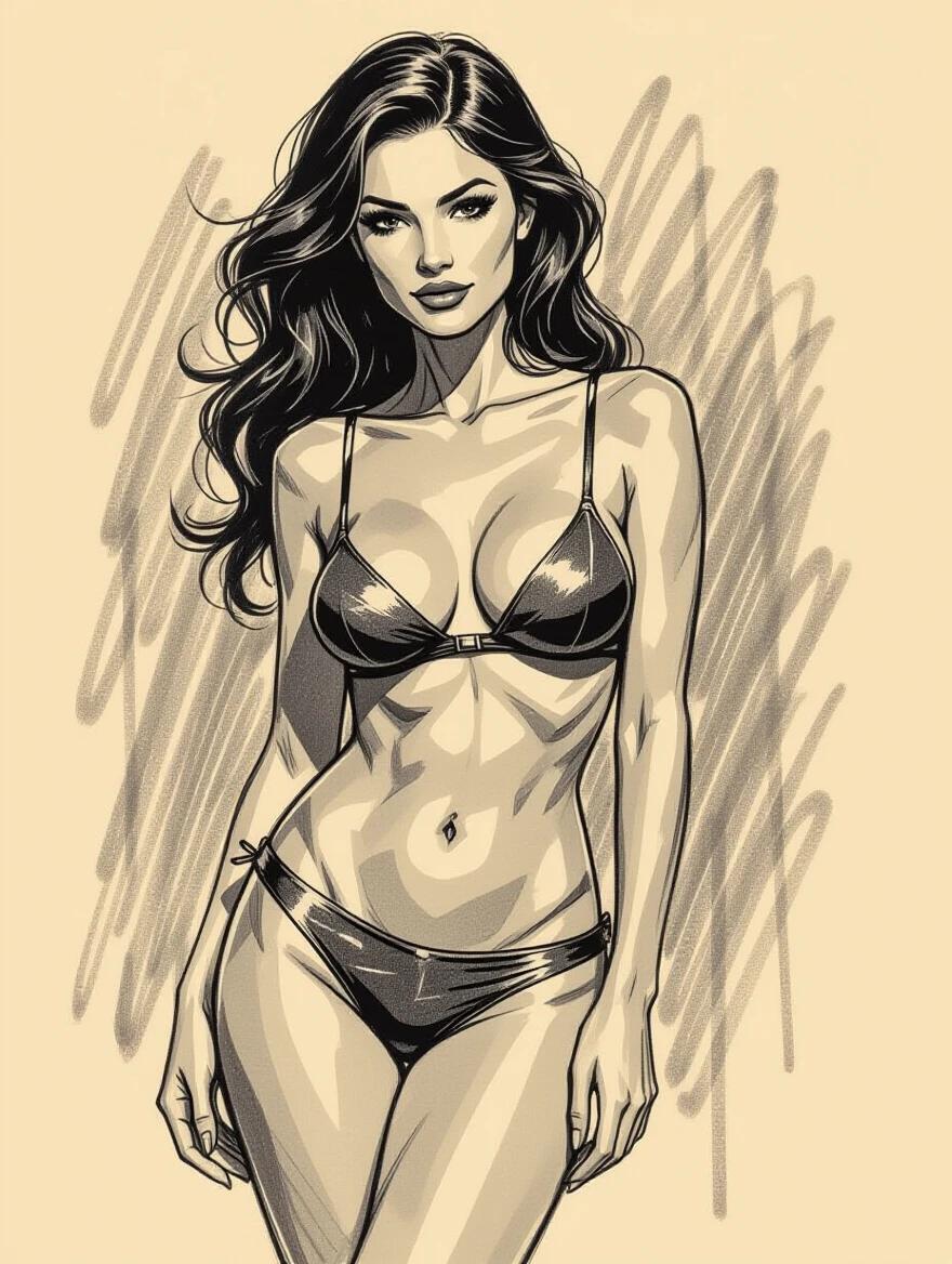 Rough charcoal sketch on old paper. Beautiful female figure. Seductive pose. Clean line art.