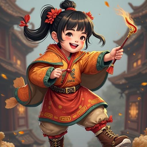 A joyful girl in traditional Asian clothing with decorative elements holding a torch. She stands in a vibrant landscape resembling an ancient village. The scene conveys a sense of celebration and cultural richness. Her expression is lively and playful.