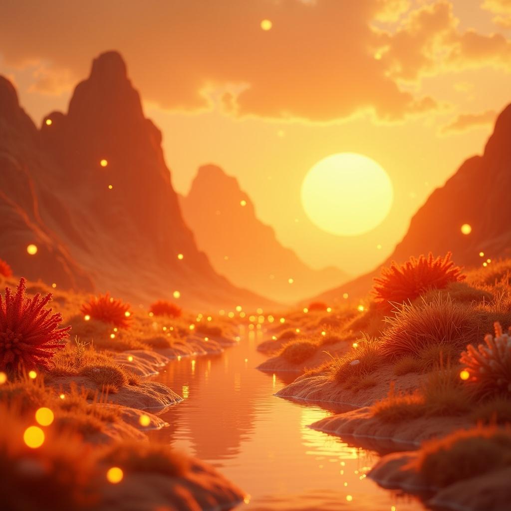 An orange-themed environment. A sunset over a river with mountains in the background. Lush vegetation along the riverbanks. Soft lighting creates a tranquil atmosphere.