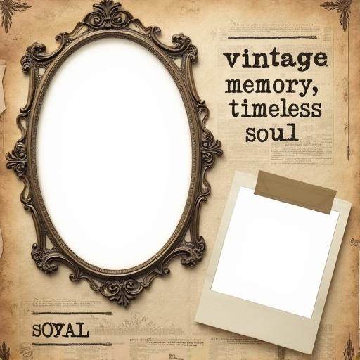 Retro-style photo collage template for personal portraits. Space for two photos, one oval baroque-style frame on the left and one tilted polaroid-style frame on the right. Set on a vintage paper-textured background with worn edges and sepia tones. Decorated with four English words: vintage memory timeless soul. Includes tape strips and subtle newspaper textures.