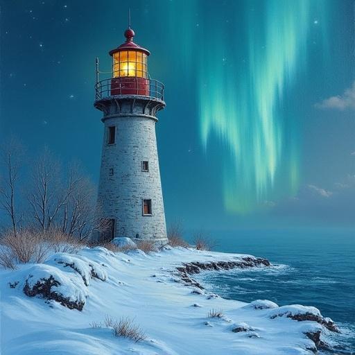 Weather-beaten lighthouse frozen over under aurora borealis sky. Snow drifts past glowing windows. Realistic oil painting style. Heavy brush texture. Cold vibrant color palette.