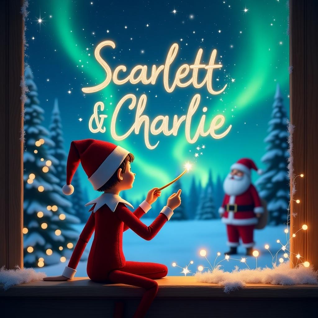 An elf character from the Elf on the Shelf tradition sits with his back to the viewer, gazing up at the sky. He holds a magic wand, gracefully writing the names 'Scarlett & Charlie' in shimmering lights. The background features a picturesque winter landscape lit by the enchanting northern lights. In the distance, Santa Claus is seen, contributing to the magical Christmas atmosphere. Snow blankets the surrounding area, enhancing the festive feel. This image captures the joyous essence of the holiday season.