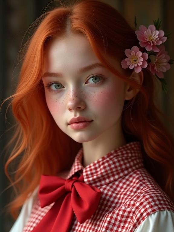 Photorealistic portrait of a young woman with red hair and freckles. She has blue eyes and wears a checkered shirt with a red bow tie. A pink flower is behind her ear. The background is peach with white blossoms to the left. Soft lighting enhances her features.