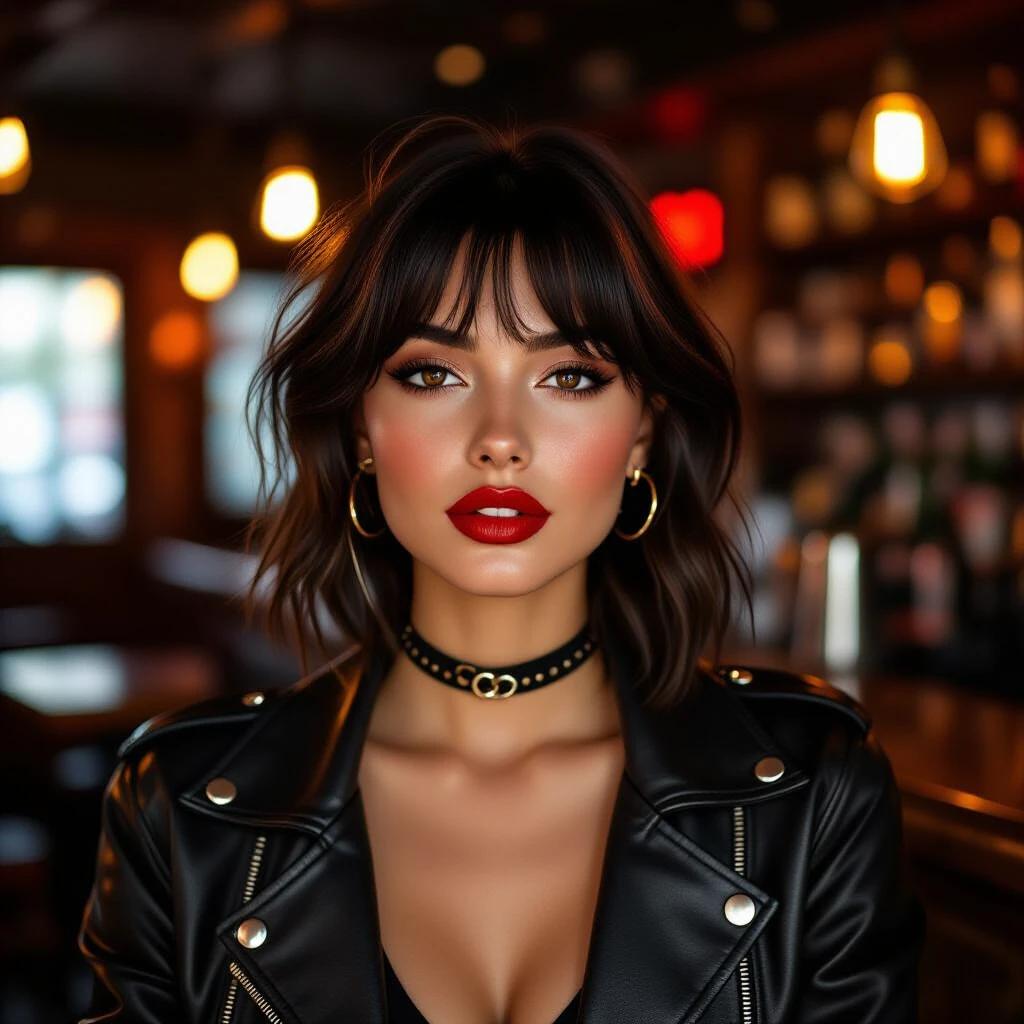European young woman in a bar wearing a black leather jacket and thin black choker. She has hoop earrings and red lips. Her hair is brown and in a shag style. The setting has warm ambient lighting with a cozy feel.