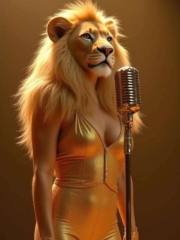 Photorealistic lioness stands upright wearing glamorous gold dress. Lioness has joyful expression with soft focus eyes as if singing. Classic vintage microphone is near her mouth. Background is softly lit like music stage. Pose is confident and graceful with charming presence. Highly detailed fur and fabric textures.