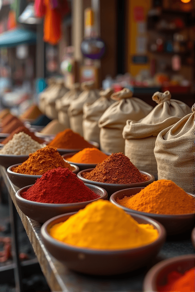 A colorful display of various spices in terracotta bowls, ranging from bright yellow and orange to deep red, with stacks of burlap sacks in the background at a market.