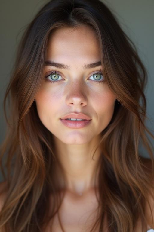 Portrait of a young woman showcasing long wavy brown hair and striking light blue eyes. Soft facial features give a gentle expression, with hairstyle framing her face. She exudes a calm and confident vibe.